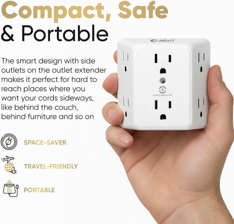 Unidapt 6 Outlet Wall Plug Extender 1-Pack, Surge Protector Power Strip 900J with 3-Sided Wide-Spaced Outlets, Multiple Charger Expander, Mountable Wall Tap for Home, Office & Travel - Image 4